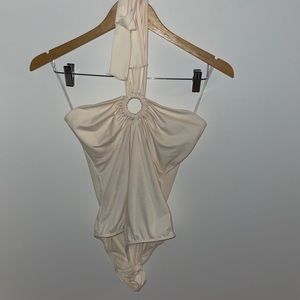 Blue Blush cream bodysuit w tie neck